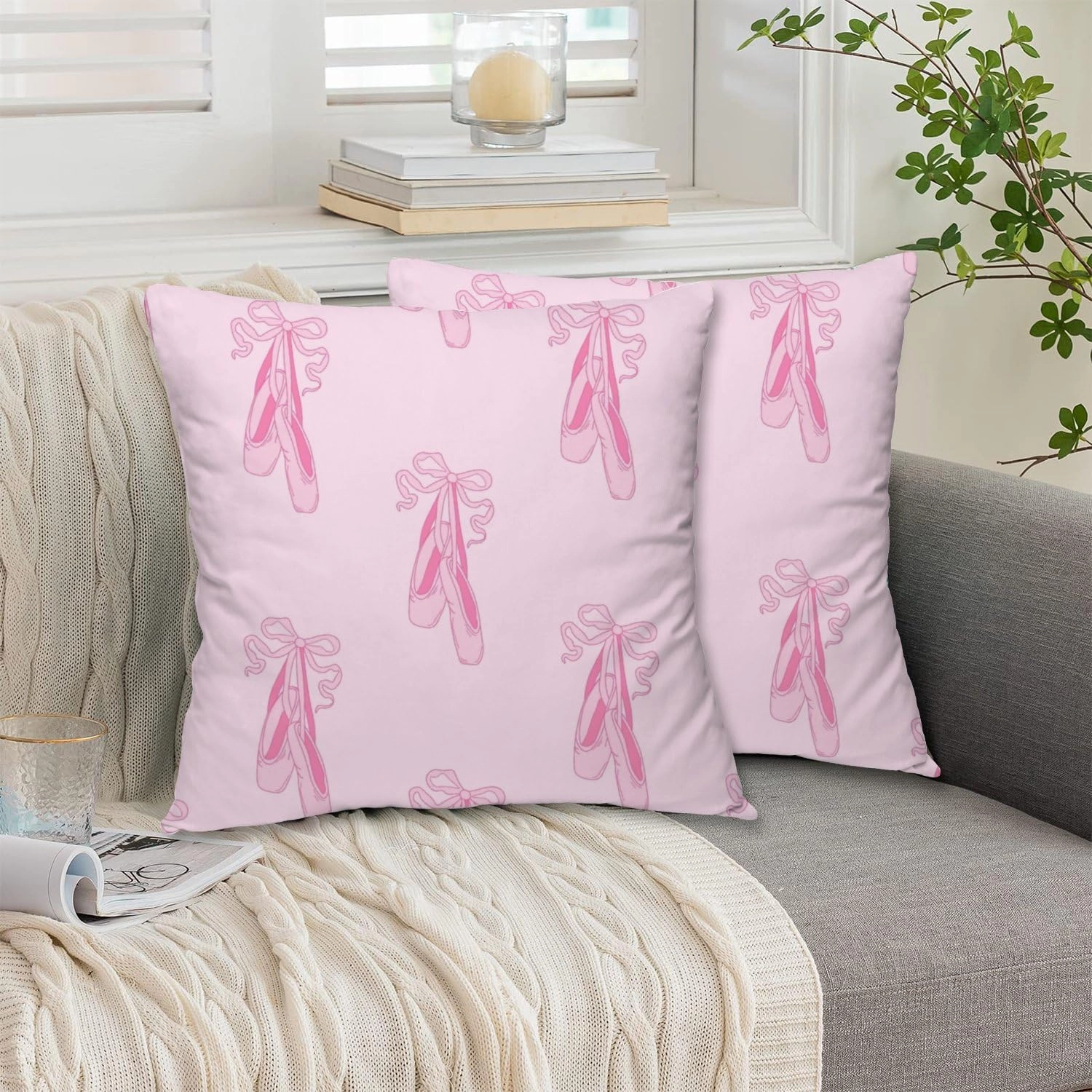 Farmhouse Throw Pillow Cover Set of 2 Female Pink Ballet Slippers Soft Couch Pillow Covers Square Cushion Covers for Home Sofa Car Living Room Bed Office 16 * 16inches