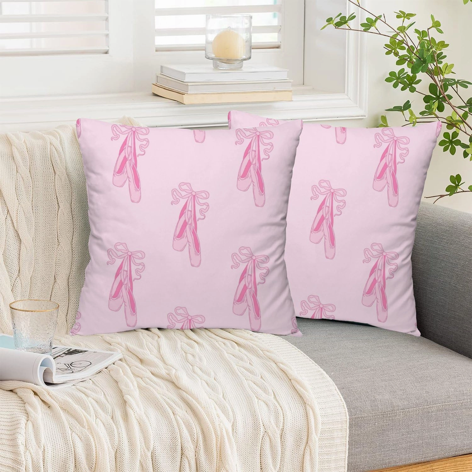 Farmhouse Throw Pillow Cover Set of 2 Female Pink Ballet Slippers Soft Couch Pillow Covers Square Cushion Covers for Home Sofa Car Living Room Bed Office 16 * 16inches