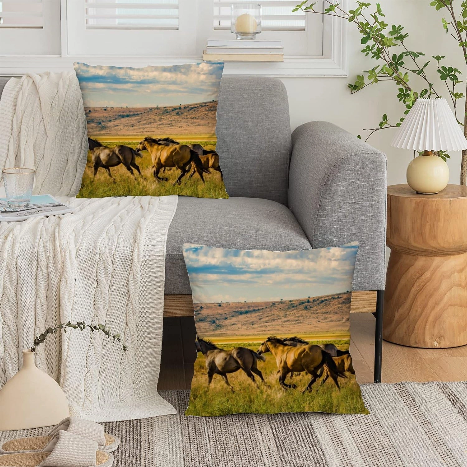 Farmhouse Throw Pillow Cover Set of 2 Horse Running Grassland Blue Sky Soft Couch Pillow Covers Square Cushion Covers for Home Sofa Car Living Room Bed Office 16 * 16inches