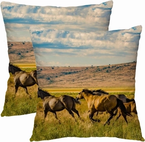 Farmhouse Throw Pillow Cover Set of 2 Horse Running Grassland Blue Sky Soft Couch Pillow Covers Square Cushion Covers for Home Sofa Car Living Room Bed Office 16 * 16inches