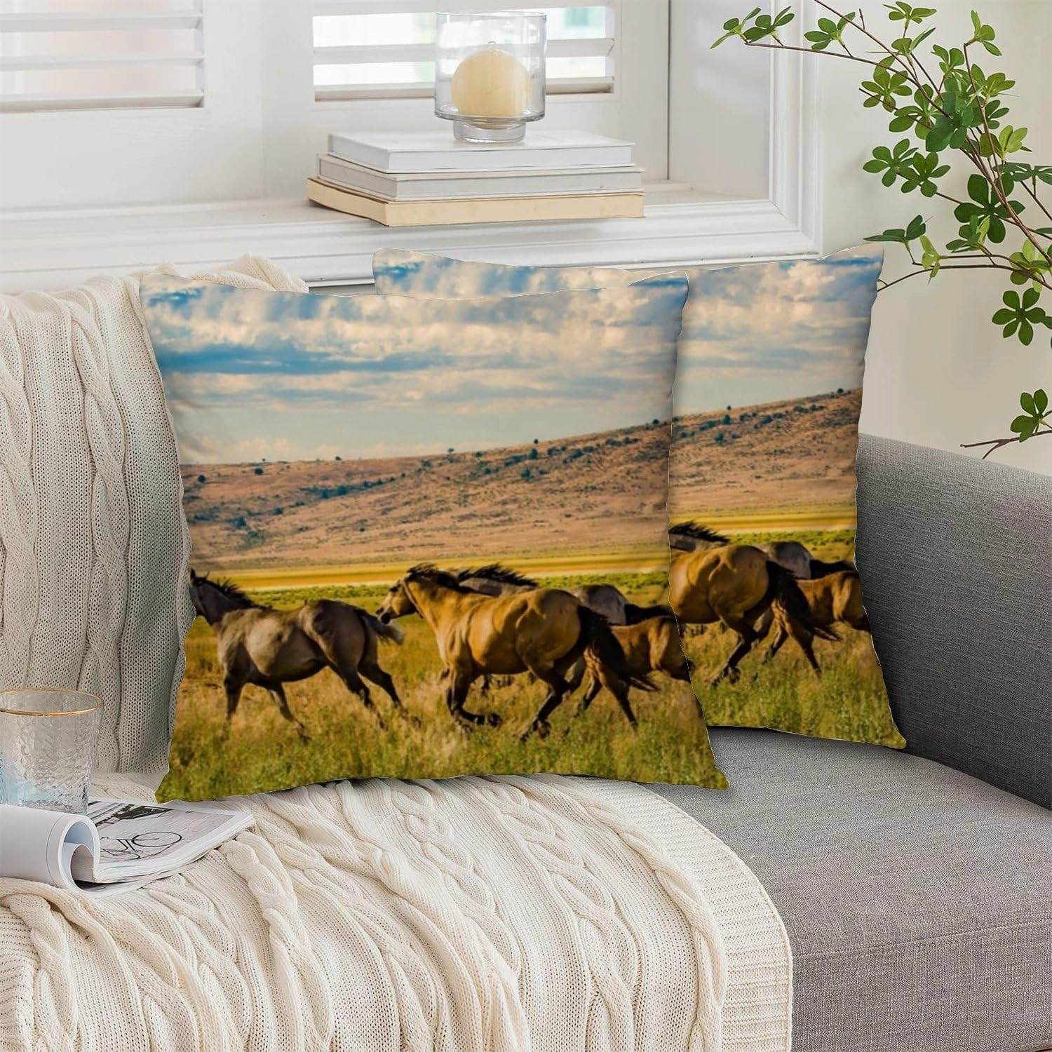 Farmhouse Throw Pillow Cover Set of 2 Horse Running Grassland Blue Sky Soft Couch Pillow Covers Square Cushion Covers for Home Sofa Car Living Room Bed Office 16 * 16inches