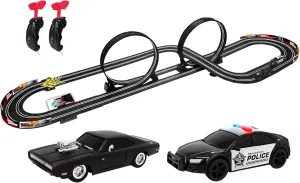 Fast and Furious : Stunt Raceway Slot Car Set- Officially Licensed, 83' x 31' Racetrack Layout, Two 1:43 Replica Cars, Two Player Race Controllers, A/C Adapter Included, Loop Action Course, Ages 5 