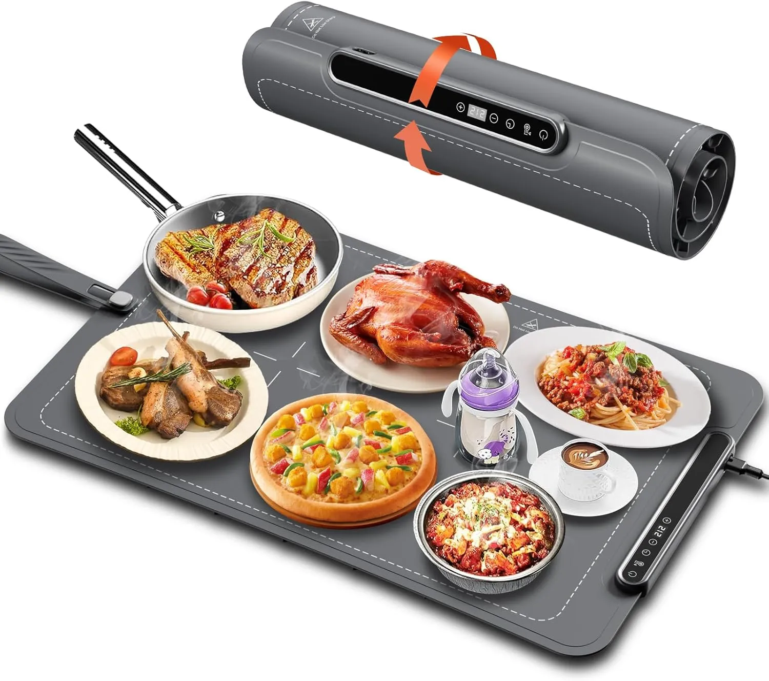 Father's Day Gift Food Warming Mat, Rollable & Portable, Silicone Heating Mat, Electric Warming Tray, 24 * 16 inches, Child Lock, Food Warmer with 6 Temperature Settings, Gray