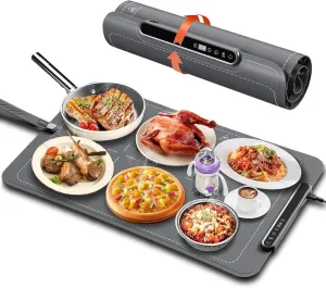 Father's Day Gift Food Warming Mat, Rollable & Portable, Silicone Heating Mat, Electric Warming Tray, 24 * 16 inches, Child Lock, Food Warmer with 6 Temperature Settings, Gray
