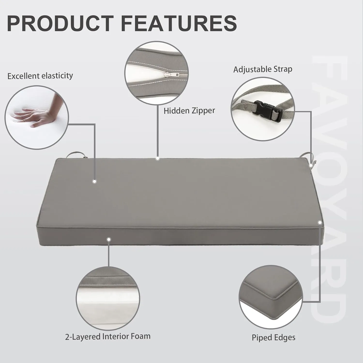 Favoyard Outdoor Bench Cushion 48 x 18 Inch Waterproof Patio Furniture Cushions 3-Year Color Fastness Garden Sofa Settee Couch Swing Pads with Handle and Adjustable Straps, Light Gray