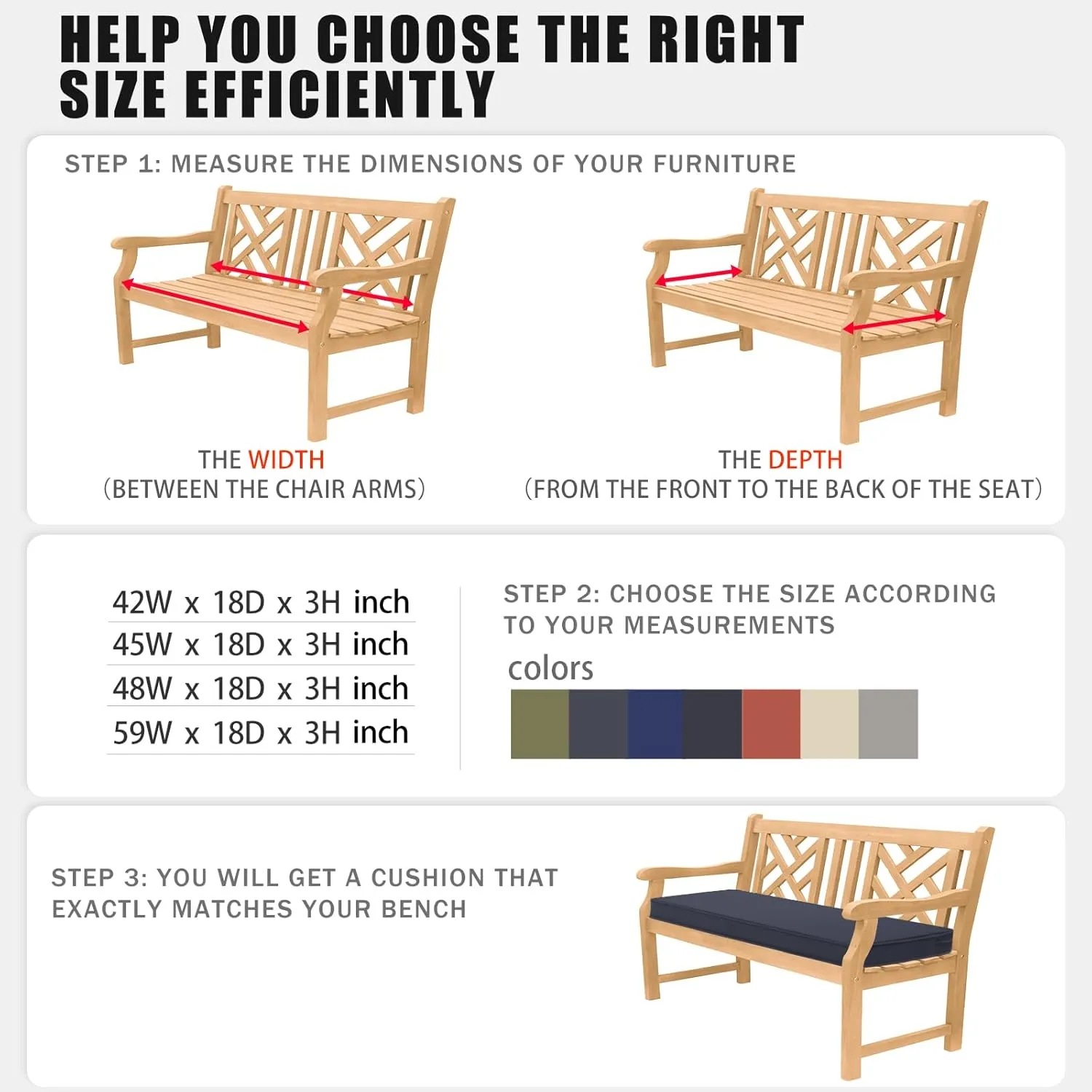 Favoyard Outdoor Bench Cushion 48 x 18 Inch Waterproof Patio Furniture Cushions 3-Year Color Fastness Garden Sofa Settee Couch Swing Pads with Handle and Adjustable Straps, Navy Blue