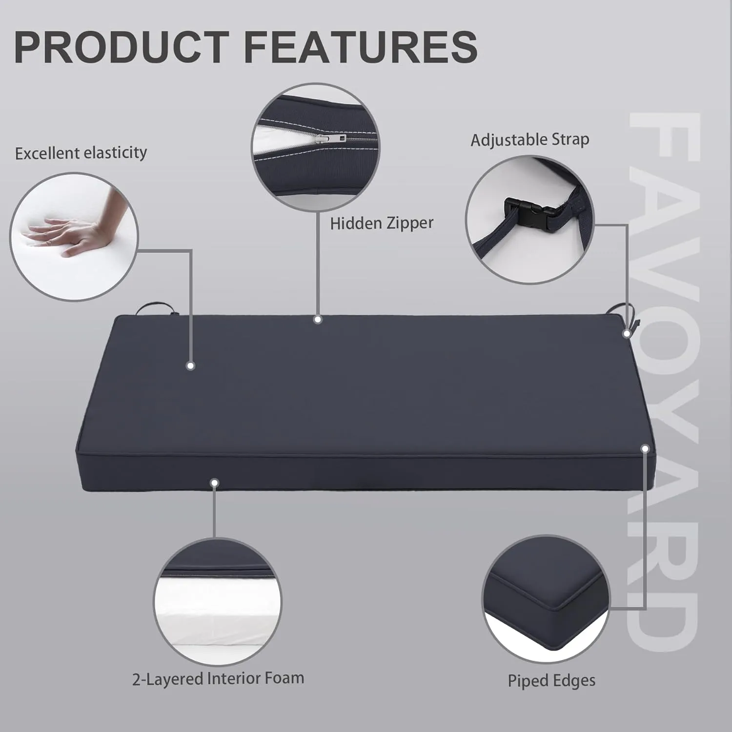 Favoyard Outdoor Bench Cushion 48 x 18 Inch Waterproof Patio Furniture Cushions 3-Year Color Fastness Garden Sofa Settee Couch Swing Pads with Handle and Adjustable Straps, Navy Blue