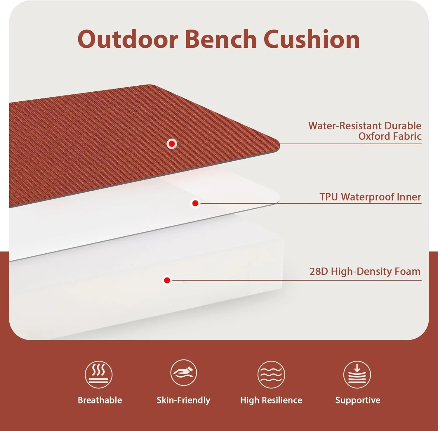 Favoyard Outdoor Bench Cushion 48 x 18 Inch Waterproof Patio Furniture Cushions 3-Year Color Fastness Garden Sofa Settee Couch Swing Pads with Handle and Adjustable Straps, Spice
