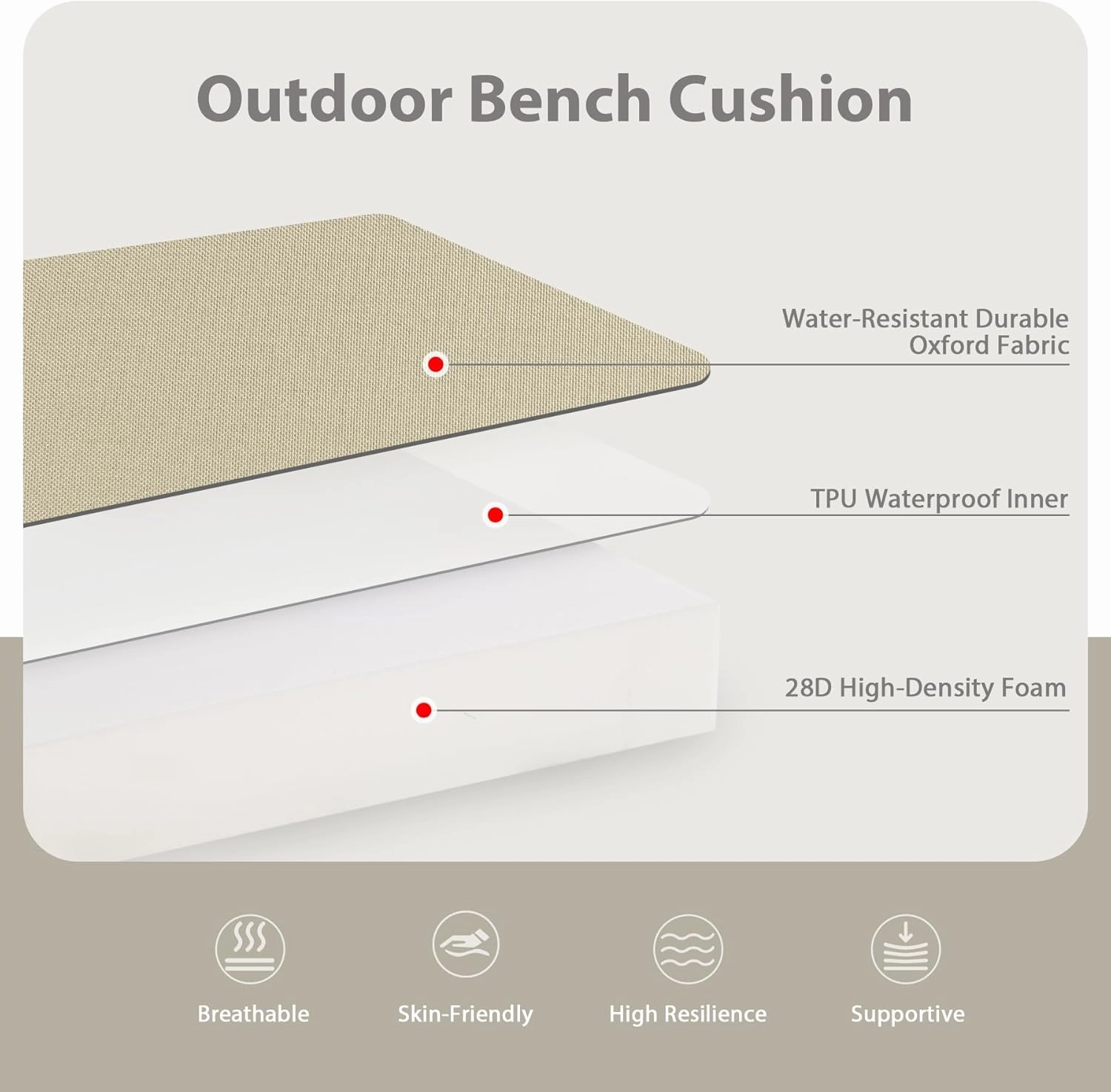 Favoyard Outdoor Bench Cushion 42 x 18 Inch Waterproof Patio Furniture Cushions 3-Year Color Fastness Garden Sofa Settee Couch Swing Pads with Handle and Adjustable Straps, Beige