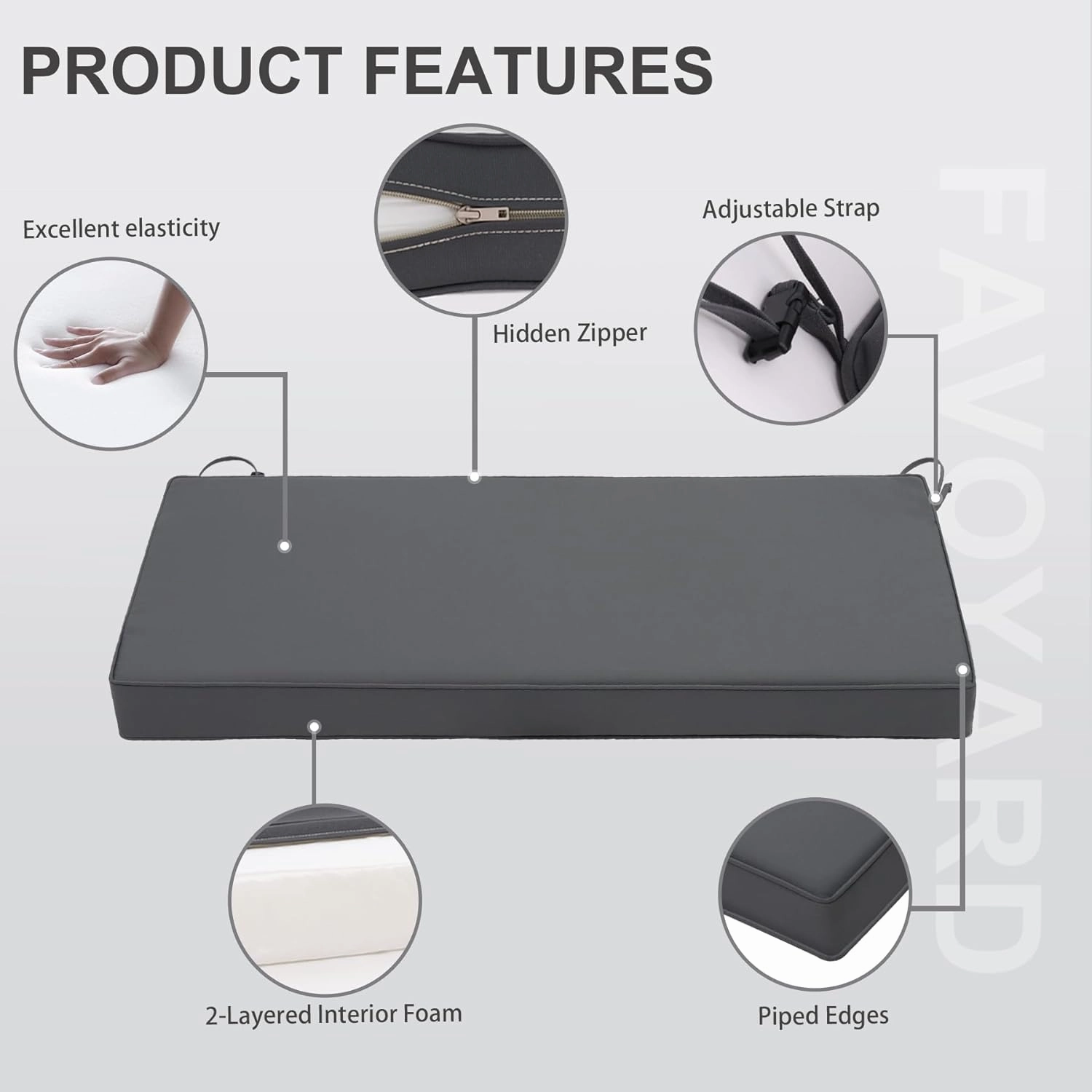 Favoyard Outdoor Bench Cushion 42 x 18 Inch Waterproof Patio Furniture Cushions 3-Year Color Fastness Garden Sofa Settee Couch Swing Pads with Handle and Adjustable Straps, Dark Gray