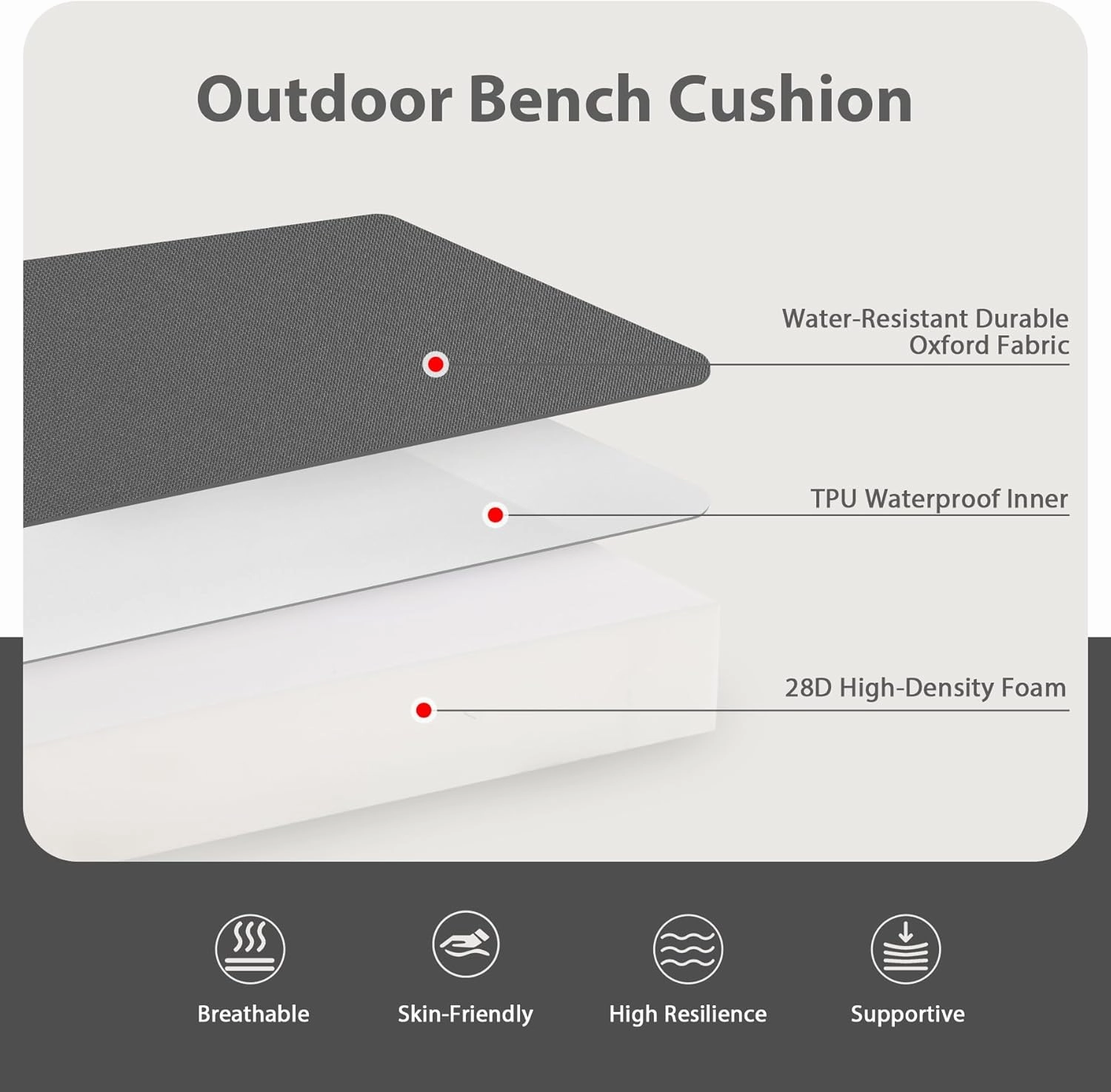 Favoyard Outdoor Bench Cushion 42 x 18 Inch Waterproof Patio Furniture Cushions 3-Year Color Fastness Garden Sofa Settee Couch Swing Pads with Handle and Adjustable Straps, Dark Gray