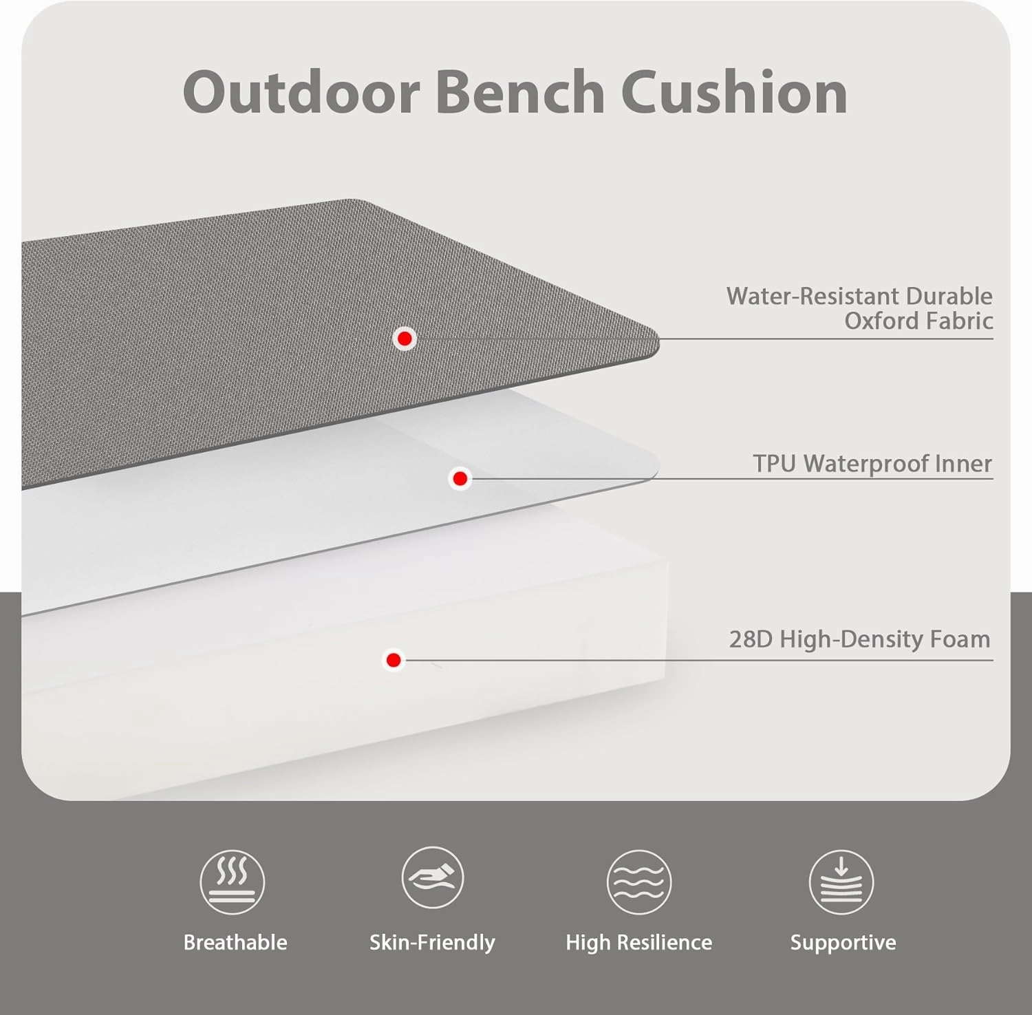 Favoyard Outdoor Bench Cushion 42 x 18 Inch Waterproof Patio Furniture Cushions 3-Year Color Fastness Garden Sofa Settee Couch Swing Pads with Handle and Adjustable Straps, Light Gray