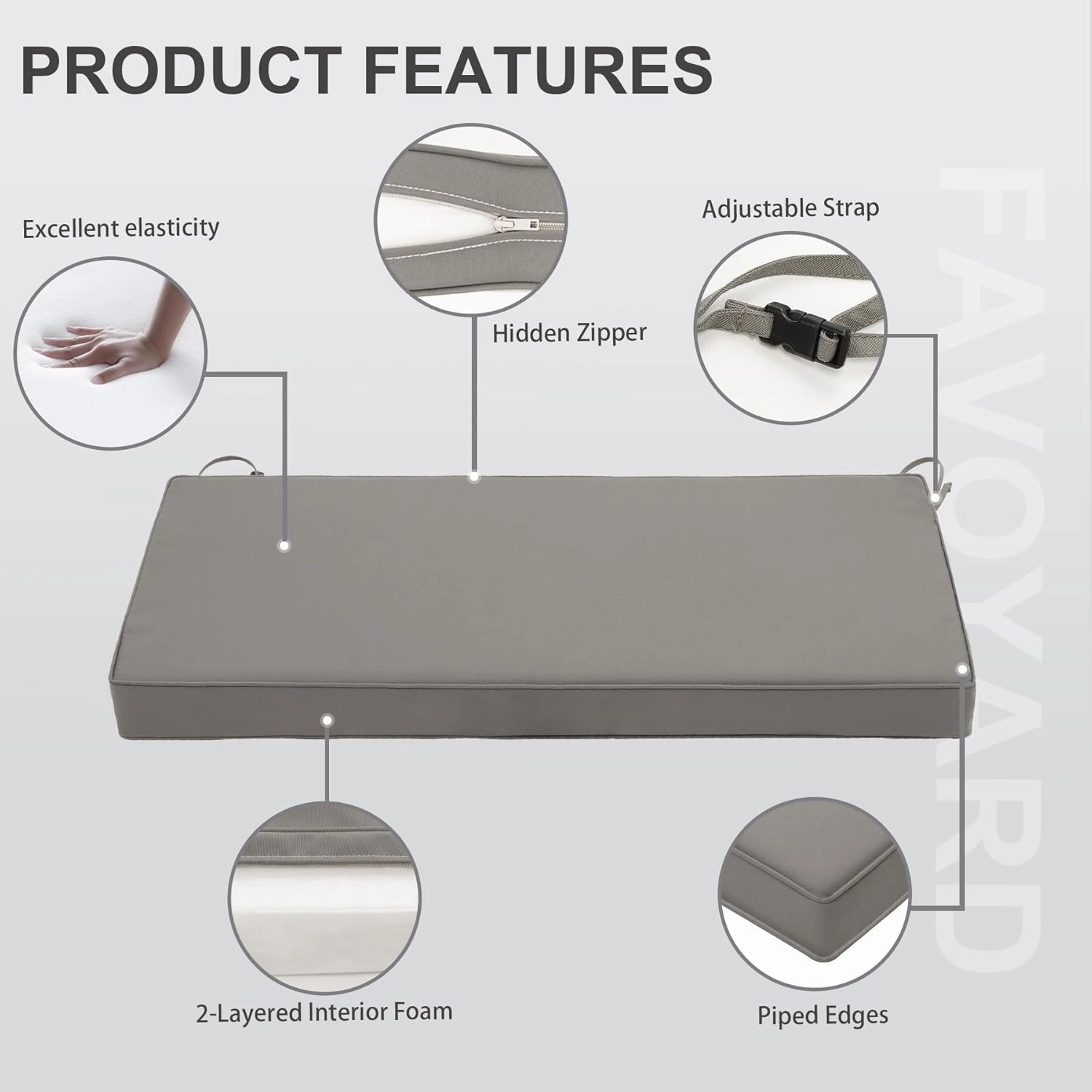 Favoyard Outdoor Bench Cushion 42 x 18 Inch Waterproof Patio Furniture Cushions 3-Year Color Fastness Garden Sofa Settee Couch Swing Pads with Handle and Adjustable Straps, Light Gray