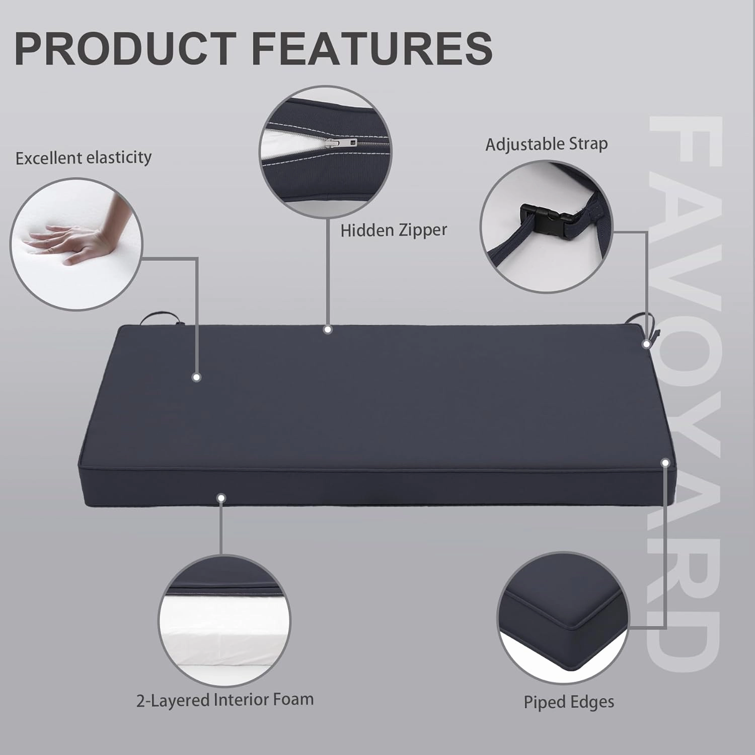 Favoyard Outdoor Bench Cushion 48 x 18 Inch Waterproof Patio Furniture Cushions 3-Year Color Fastness Garden Sofa Settee Couch Swing Pads with Handle and Adjustable Straps, Navy Blue
