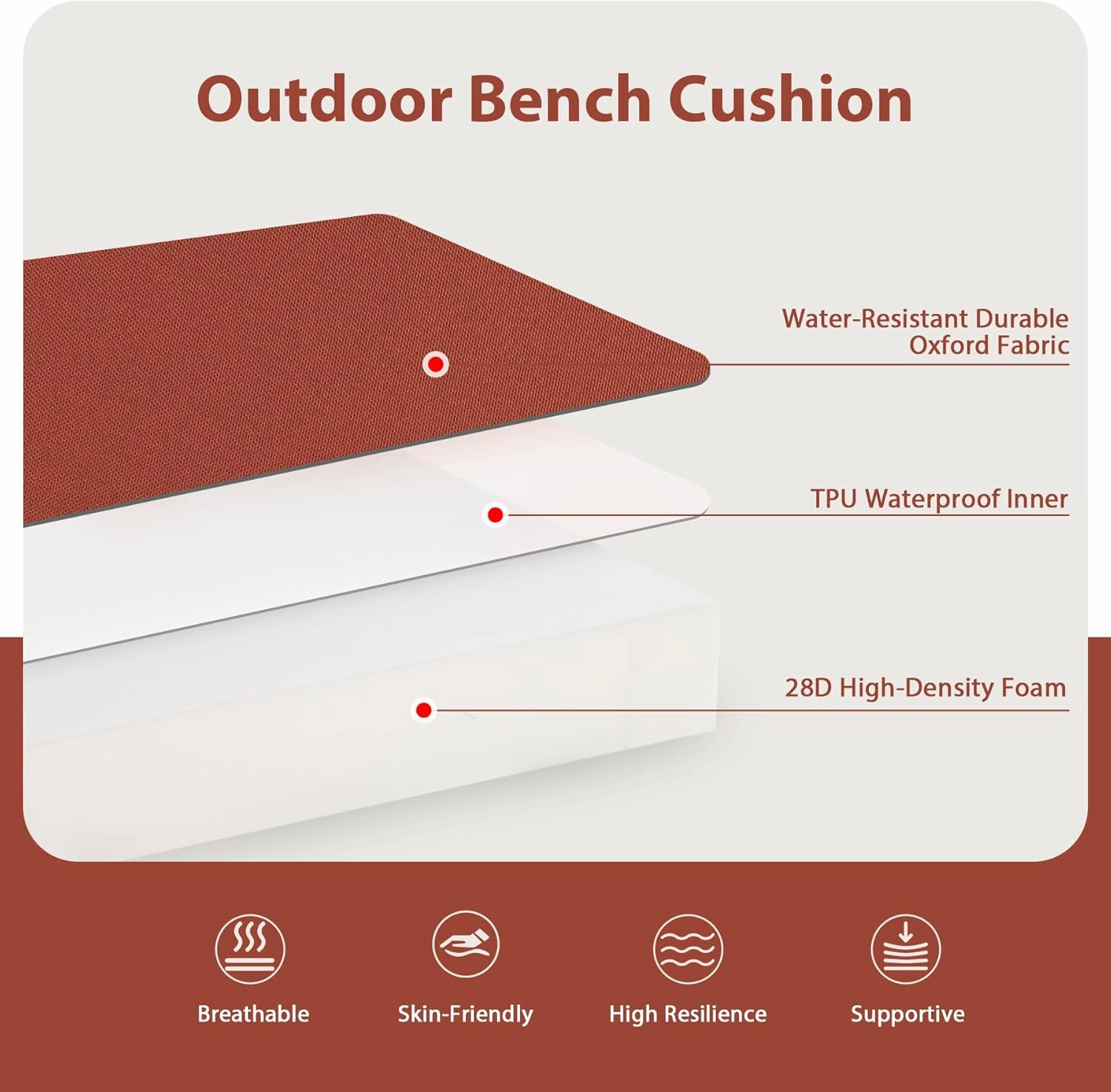 Favoyard Outdoor Bench Cushion 48 x 18 Inch Waterproof Patio Furniture Cushions 3-Year Color Fastness Garden Sofa Settee Couch Swing Pads with Handle and Adjustable Straps, Spice
