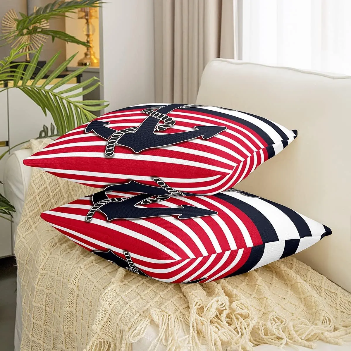 Feelyou Anchor Decor Pillow Covers Home Decor Nautical Themed Ocean Reversible Throw Pillow Covers for Coastal Sea Adventure Duvet Navigation Blue Red Stripe Cover 16 x 16-Inch