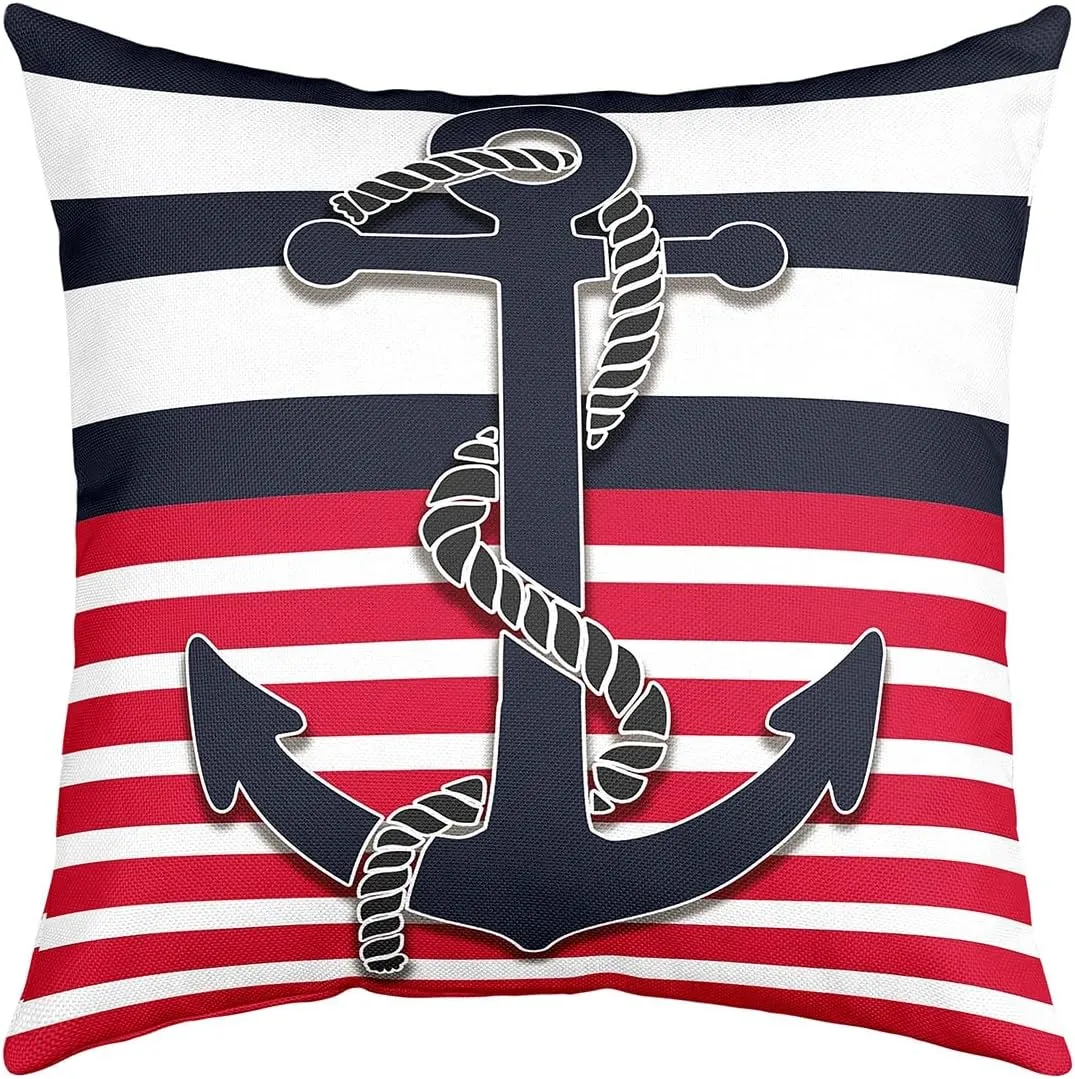 Feelyou Anchor Decor Pillow Covers Home Decor Nautical Themed Ocean Reversible Throw Pillow Covers for Coastal Sea Adventure Duvet Navigation Blue Red Stripe Cover 16 x 16-Inch