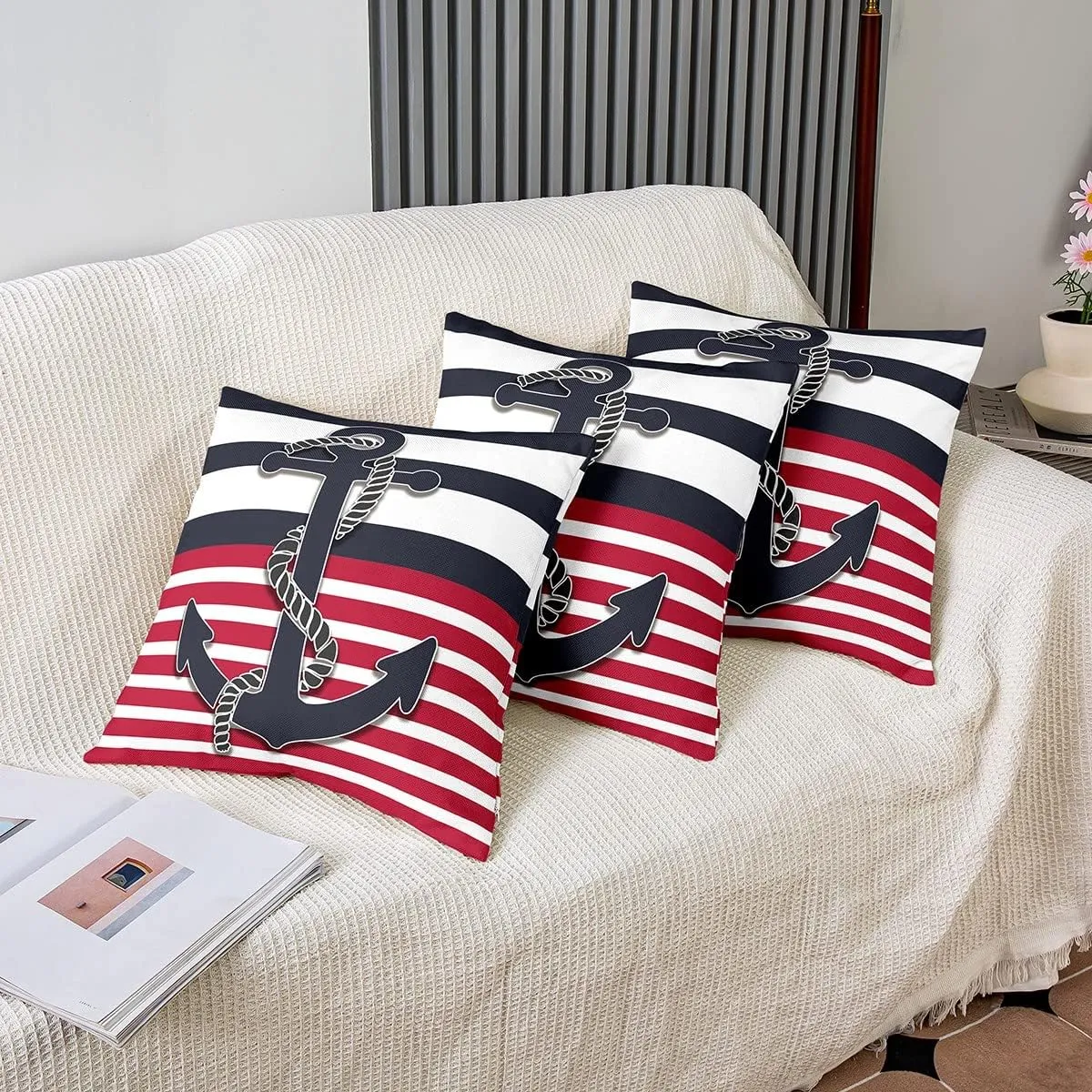 Feelyou Anchor Decor Pillow Covers Home Decor Nautical Themed Ocean Reversible Throw Pillow Covers for Coastal Sea Adventure Duvet Navigation Blue Red Stripe Cover 16 x 16-Inch