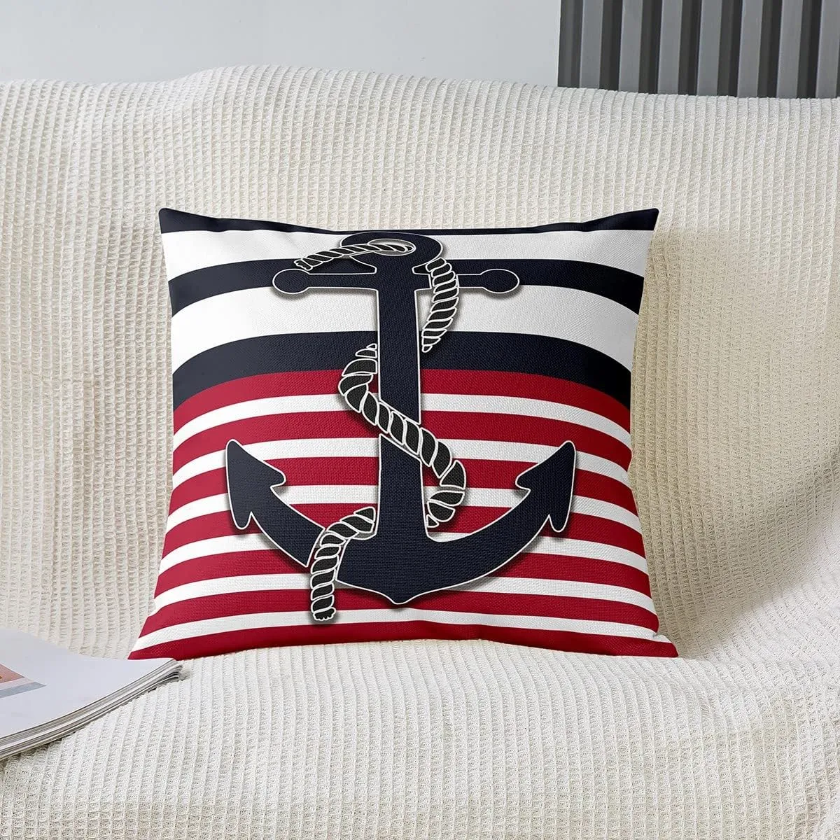 Feelyou Anchor Decor Pillow Covers Home Decor Nautical Themed Ocean Reversible Throw Pillow Covers for Coastal Sea Adventure Duvet Navigation Blue Red Stripe Cover 16 x 16-Inch