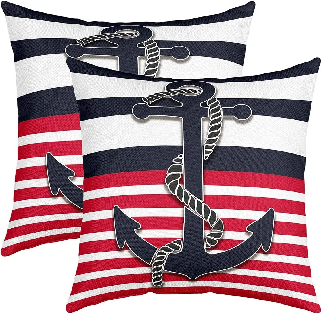 Feelyou Anchor Decor Pillow Covers Home Decor Nautical Themed Ocean Reversible Throw Pillow Covers for Coastal Sea Adventure Duvet Navigation Blue Red Stripe Cover 16 x 16-Inch