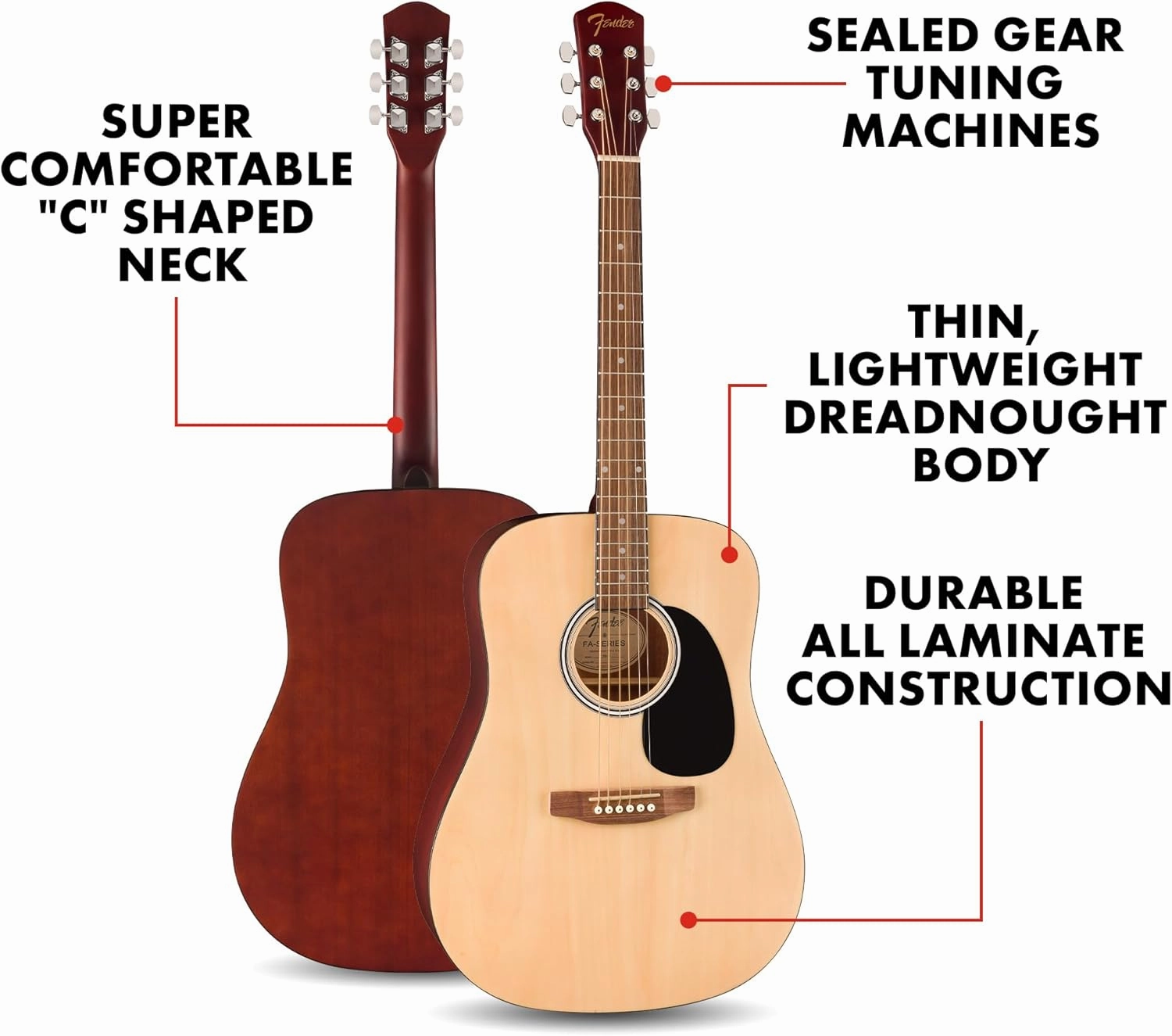 Fender FA-25 Dreadnought Acoustic Guitar, Beginner Guitar, with 2-Year Warranty, Includes Free Lessons, Natural
