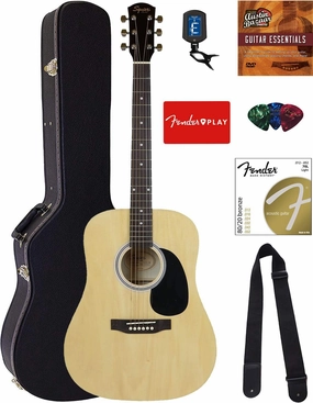 Fender Squier Dreadnought Acoustic Guitar - Natural Bundle with Hard Case, Tuner, Strap, Strings, Picks, and Austin Bazaar Instructional DVD
