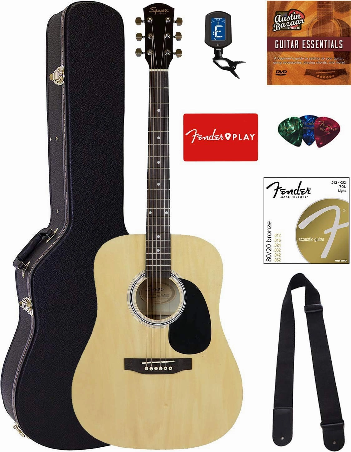 Fender Squier Dreadnought Acoustic Guitar - Natural Bundle with Hard Case, Tuner, Strap, Strings, Picks, and Austin Bazaar Instructional DVD