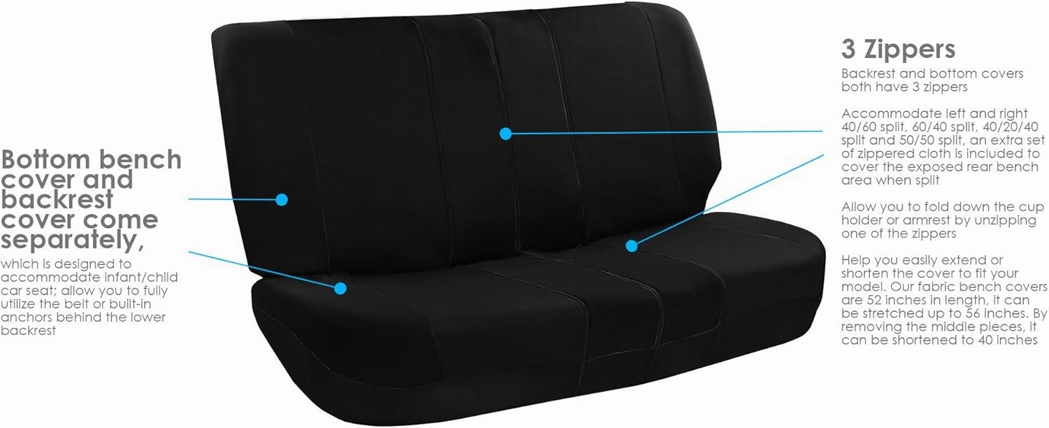 FH Group Car Seat Cover Light Breezy Automotive Seat Covers Flat Foam Padding Cloth Full Combo Set Black Seat Covers, Airbag and Split Rear Universal Fit Interior Accessories for Cars Trucks and SUV