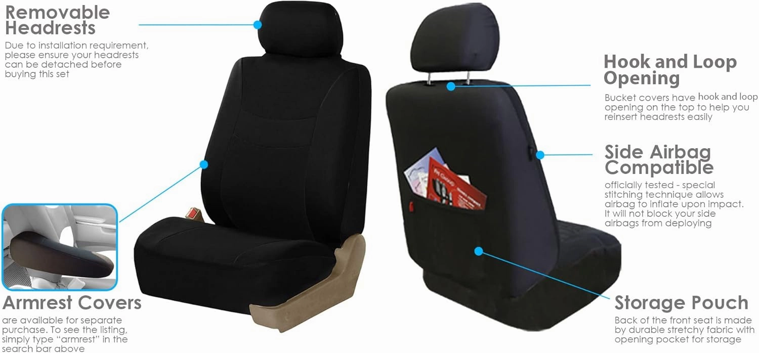 FH Group Car Seat Cover Light Breezy Automotive Seat Covers Flat Foam Padding Cloth Full Combo Set Black Seat Covers, Airbag and Split Rear Universal Fit Interior Accessories for Cars Trucks and SUV