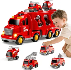 Fire Truck Toys for Toddler 1-3 3-5, 5-in-1 Fire Car Carrier Vehicle Set for Girls 1 2 3 4 5 6 Years Old, Transport Car with Light Sound, Birthdays Gifts for Kids Girls Aged 3-9