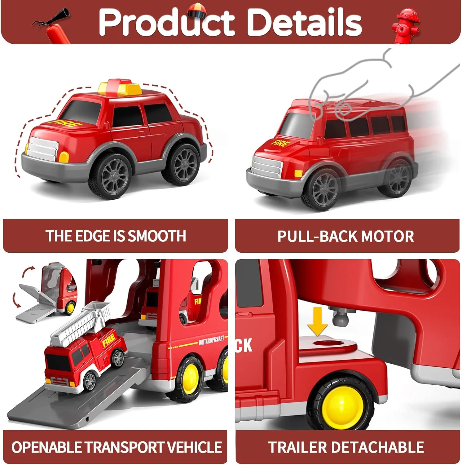 Fire Truck Toys for Toddlers 3 4 5 6 Years Old, 7 in 1 Truck Friction Power Toy Car, Fire Rescue Truck, Ladder Truck, Helicopter and Sprinkler, Christmas Birthday Gifts for Boys & Girls 3-5 Years Old