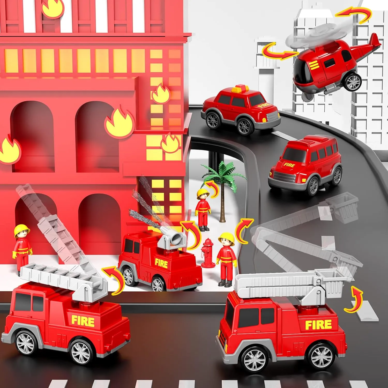Fire Truck Toys for Toddlers 3 4 5 6 Years Old, 7 in 1 Truck Friction Power Toy Car, Fire Rescue Truck, Ladder Truck, Helicopter and Sprinkler, Christmas Birthday Gifts for Boys & Girls 3-5 Years Old