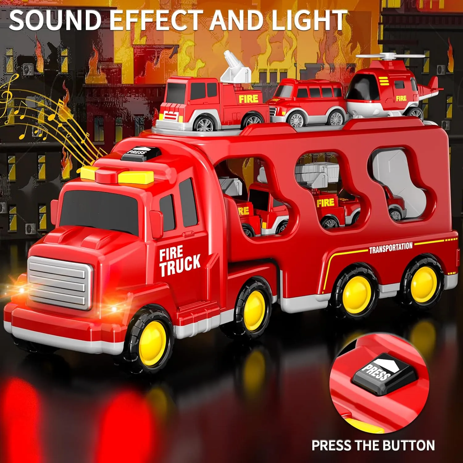 Fire Truck Toys for Toddlers 3 4 5 6 Years Old, 7 in 1 Truck Friction Power Toy Car, Fire Rescue Truck, Ladder Truck, Helicopter and Sprinkler, Christmas Birthday Gifts for Boys & Girls 3-5 Years Old