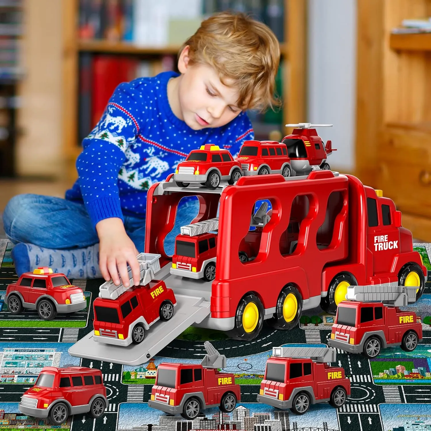 Fire Truck Toys for Toddlers 3 4 5 6 Years Old, 7 in 1 Truck Friction Power Toy Car, Fire Rescue Truck, Ladder Truck, Helicopter and Sprinkler, Christmas Birthday Gifts for Boys & Girls 3-5 Years Old