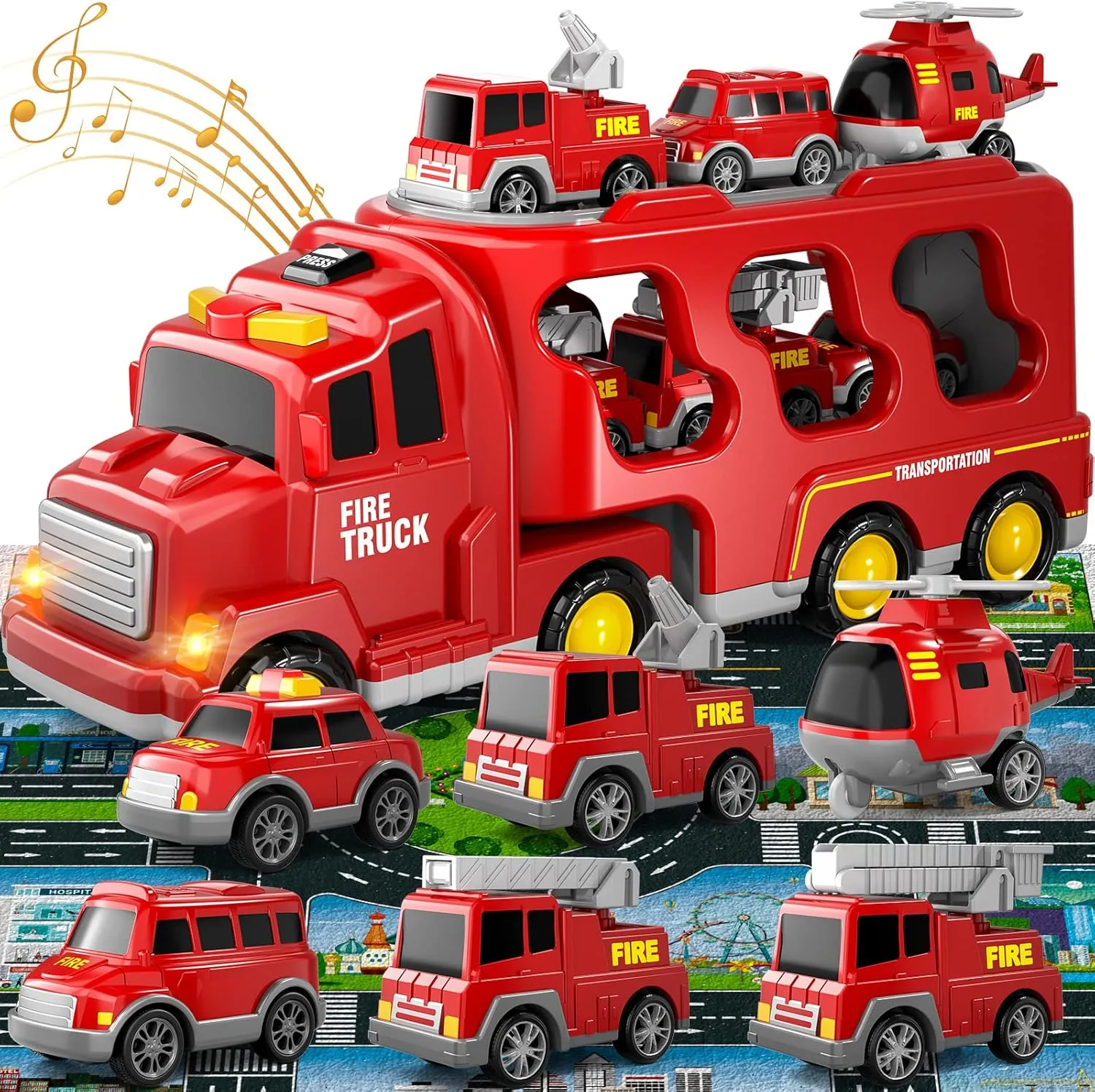 Fire Truck Toys for Toddlers 3 4 5 6 Years Old, 7 in 1 Truck Friction Power Toy Car, Fire Rescue Truck, Ladder Truck, Helicopter and Sprinkler, Christmas Birthday Gifts for Boys & Girls 3-5 Years Old