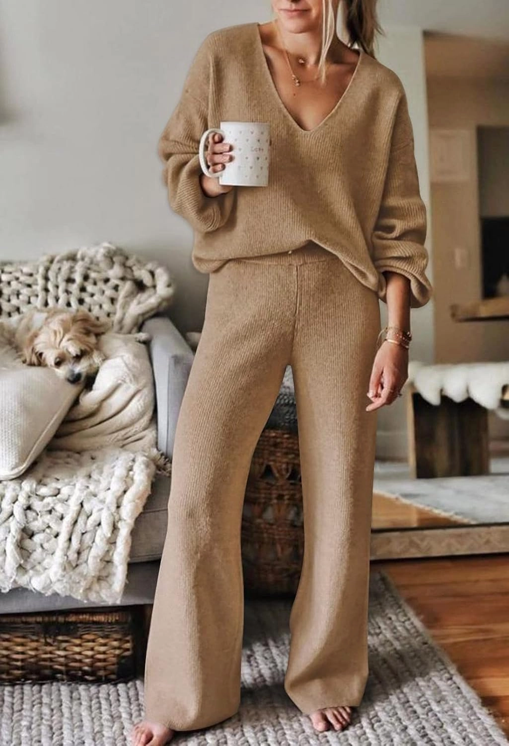 Fixmatti Women 2 Piece Knit Set Long Sleeve Pullover Sweater Top Wide Leg Pant Sweatsuit Outfits