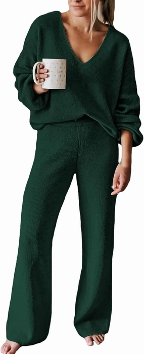 Fixmatti Women 2 Piece Knit Set Long Sleeve Pullover Sweater Top Wide Leg Pant Sweatsuit Outfits