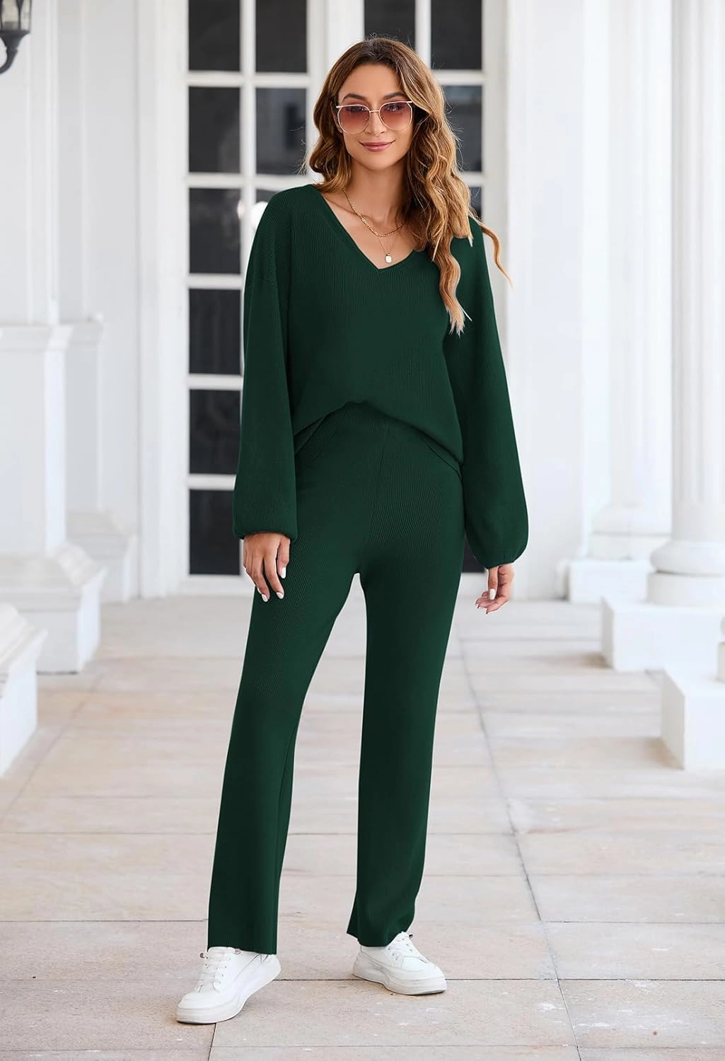 Fixmatti Women 2 Piece Knit Set Long Sleeve Pullover Sweater Top Wide Leg Pant Sweatsuit Outfits