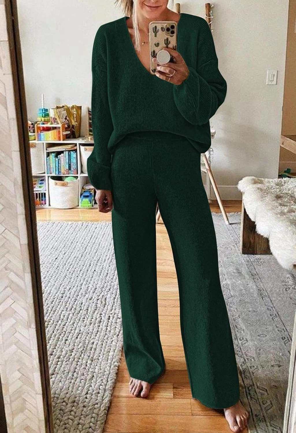 Fixmatti Women 2 Piece Knit Set Long Sleeve Pullover Sweater Top Wide Leg Pant Sweatsuit Outfits