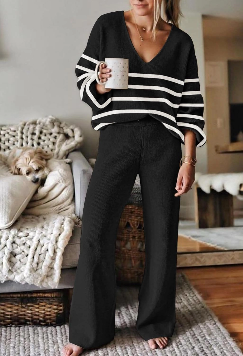 Fixmatti Women 2 Piece Knit Set Long Sleeve Pullover Sweater Top Wide Leg Pant Sweatsuit Outfits