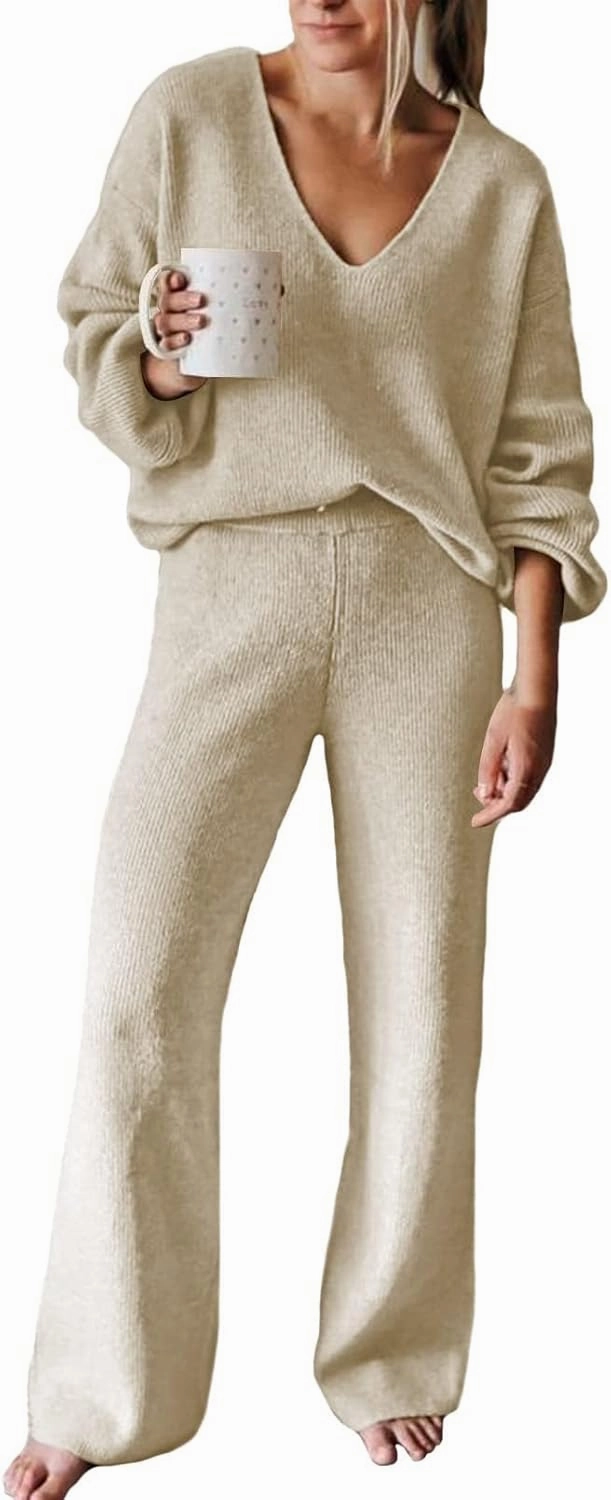Fixmatti Women 2 Piece Knit Set Long Sleeve Pullover Sweater Top Wide Leg Pant Sweatsuit Outfits