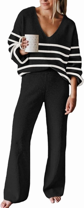 Fixmatti Women 2 Piece Knit Set Long Sleeve Pullover Sweater Top Wide Leg Pant Sweatsuit Outfits