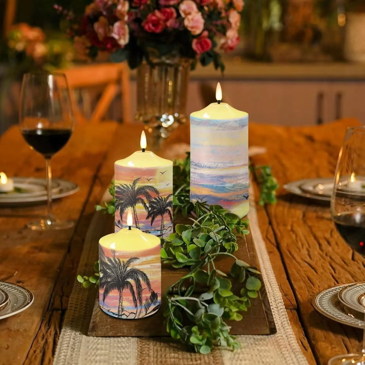Flameless Pillar Candles Set of 3 Tropical Palm Tree Battery Operated Candles with Flickering Flame Outdoor Led Candles with Timer Holiday Decor