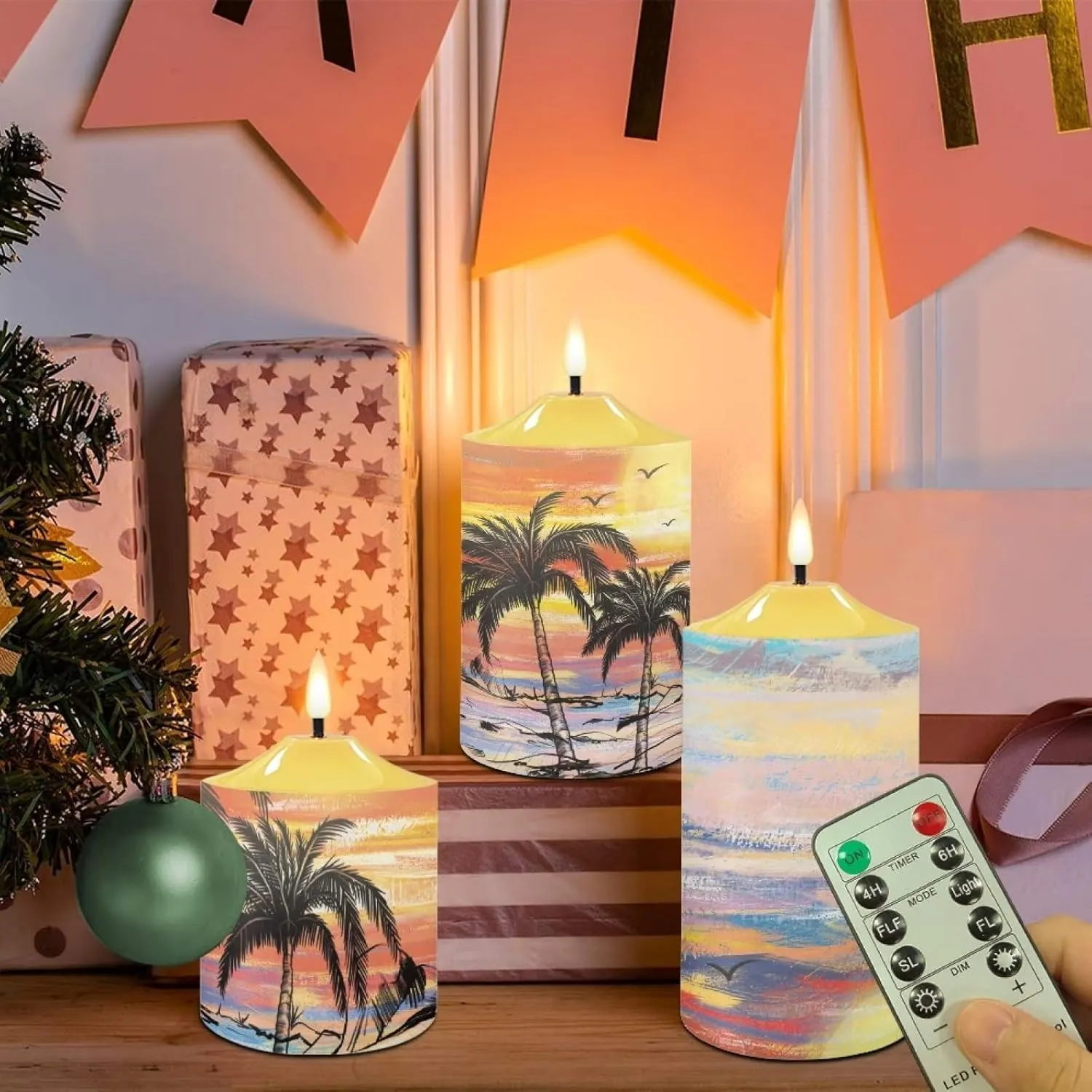Flameless Pillar Candles Set of 3 Tropical Palm Tree Battery Operated Candles with Flickering Flame Outdoor Led Candles with Timer Holiday Decor