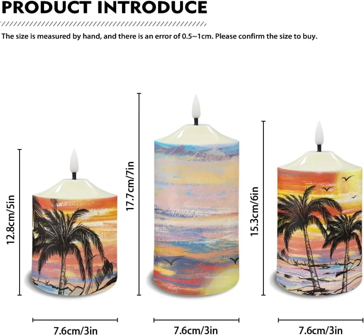 Flameless Pillar Candles Set of 3 Tropical Palm Tree Battery Operated Candles with Flickering Flame Outdoor Led Candles with Timer Holiday Decor