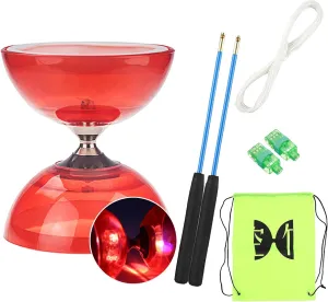 Flashing Triple Bearing Diabolo, Soft Rubber Yoyo Set, with 1 x Diabolo, 1 x Spare 10m Rope, 2 x Professional Poles, 1 x Net Bag, for Beginners & Experienced Players (Red)