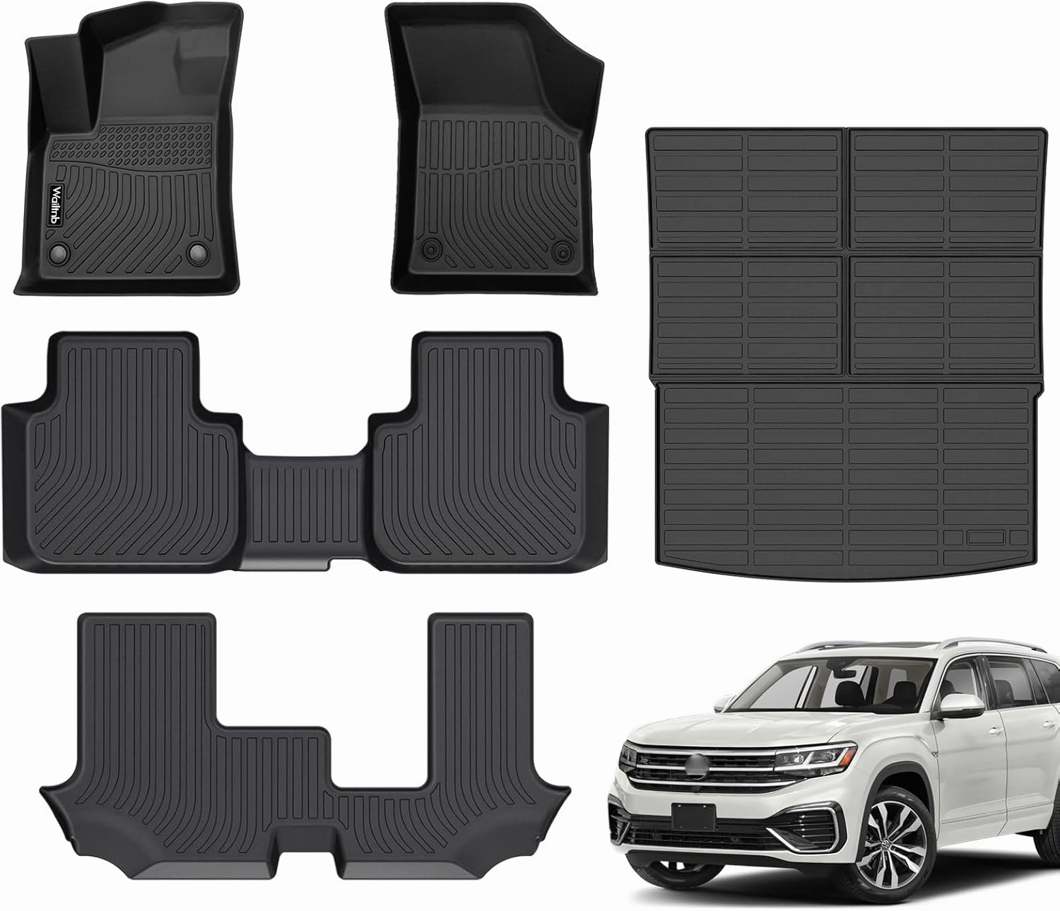 Floor Mats & Cargo Mat Custom for Volkswagen Atlas 7 Seats Bench Seating 2024-2018 All Weather Protection Waterproof TPE Rubber Car Floor Liners Full Set,(PR-Atlas 7 18-24 set)