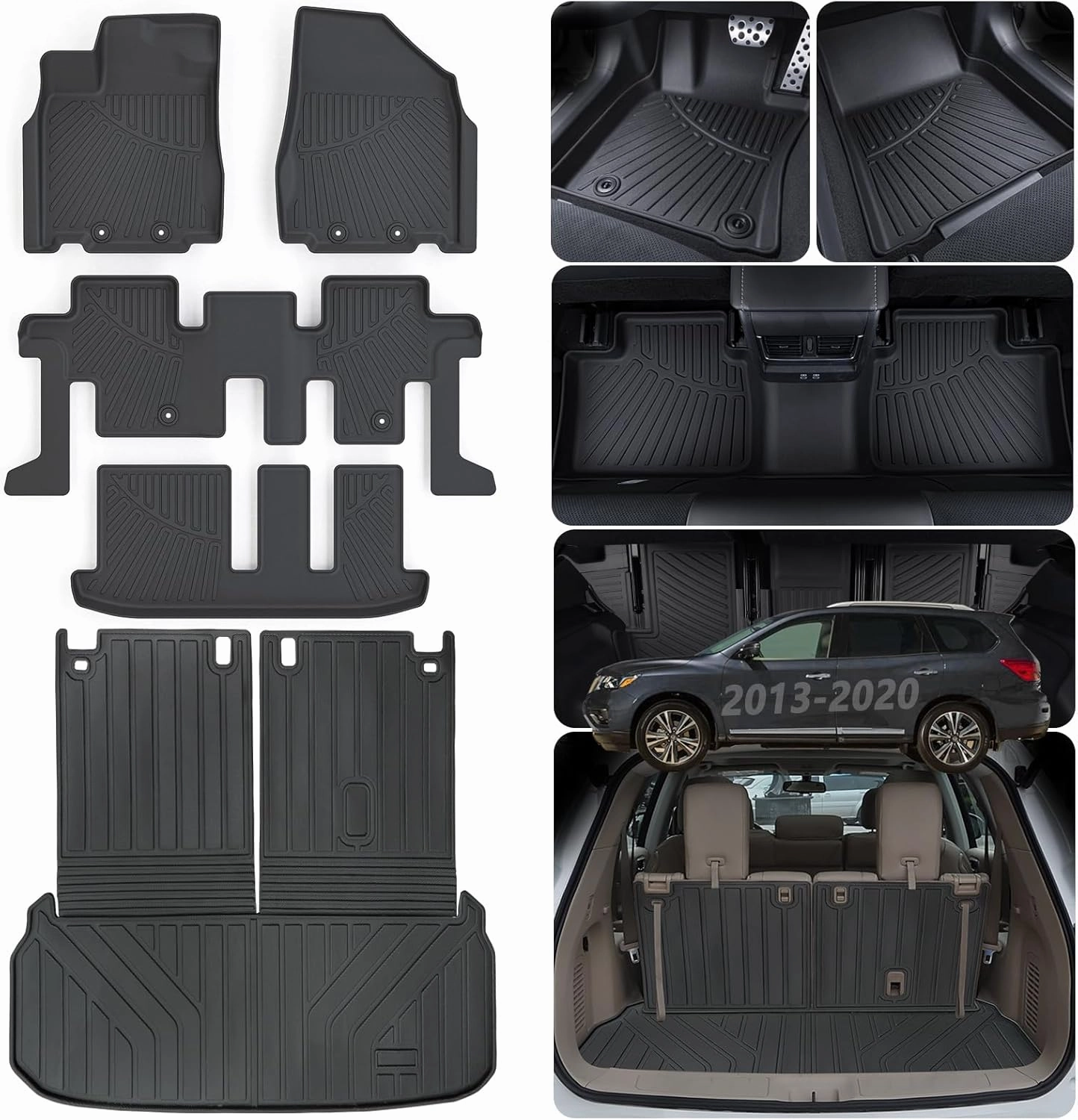 Floor Mats & Large Trunk Mat for 2013-2019 2020 Nissan Pathfinder TPE All Weather Protection Floor Liners with Cargo Liners Covering The Backrest Velcro Mat