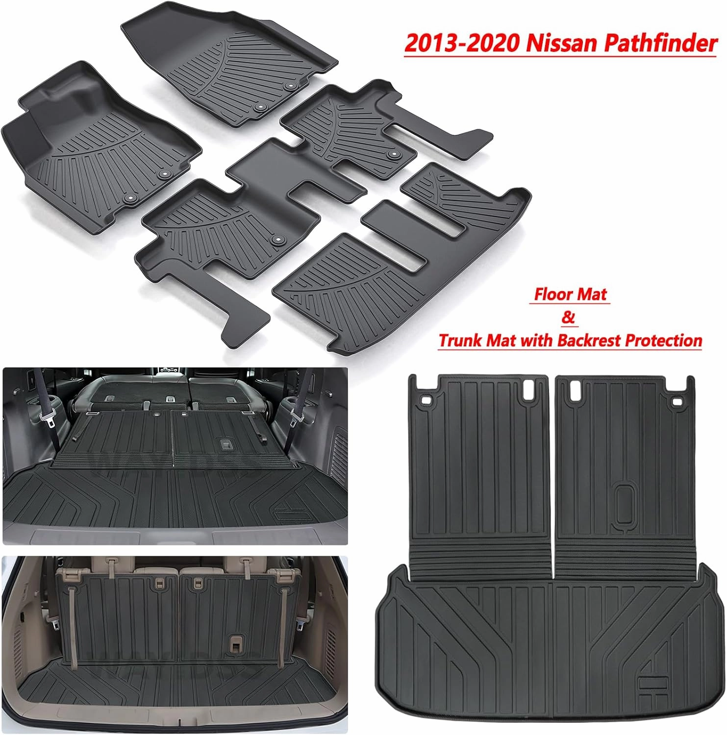 Floor Mats & Large Trunk Mat for 2013-2019 2020 Nissan Pathfinder TPE All Weather Protection Floor Liners with Cargo Liners Covering The Backrest Velcro Mat