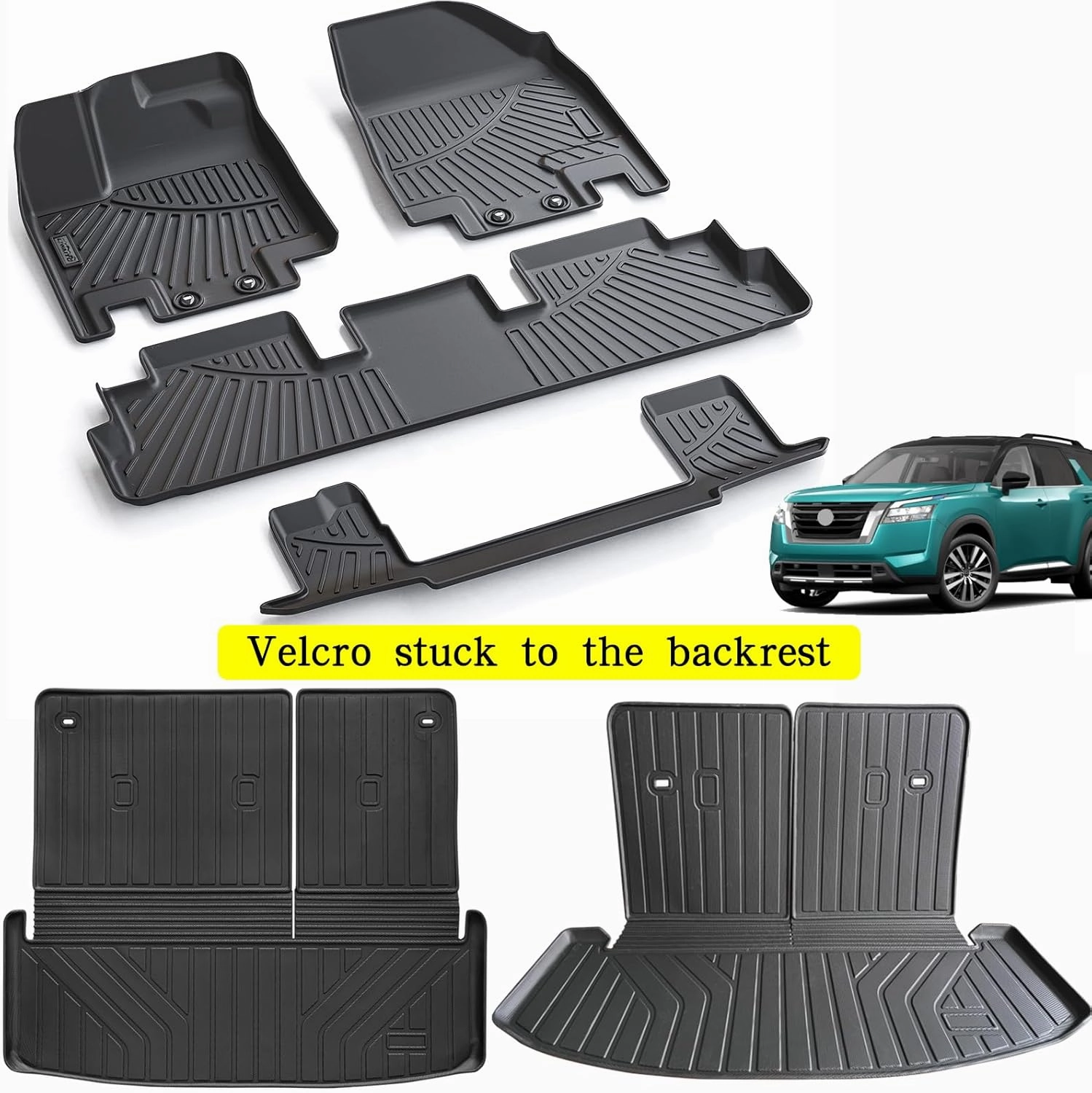 Floor Mats & Trunk Mat & Backrest Mat for 2022-2024 2025 Nissan Pathfinder (Only fit 7 Passenger Models),TPE All Weather Protection Car Floor Liners with Cargo Liner Backrest Accessory